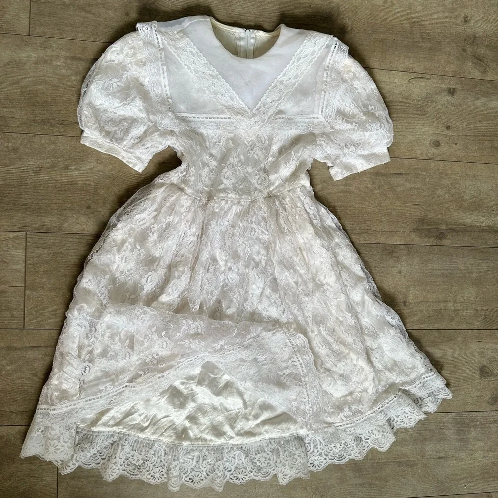 VINTAGE Gunne Sax Jessica McClintock Girls Lace Dress Size 7 Back Zip Lined